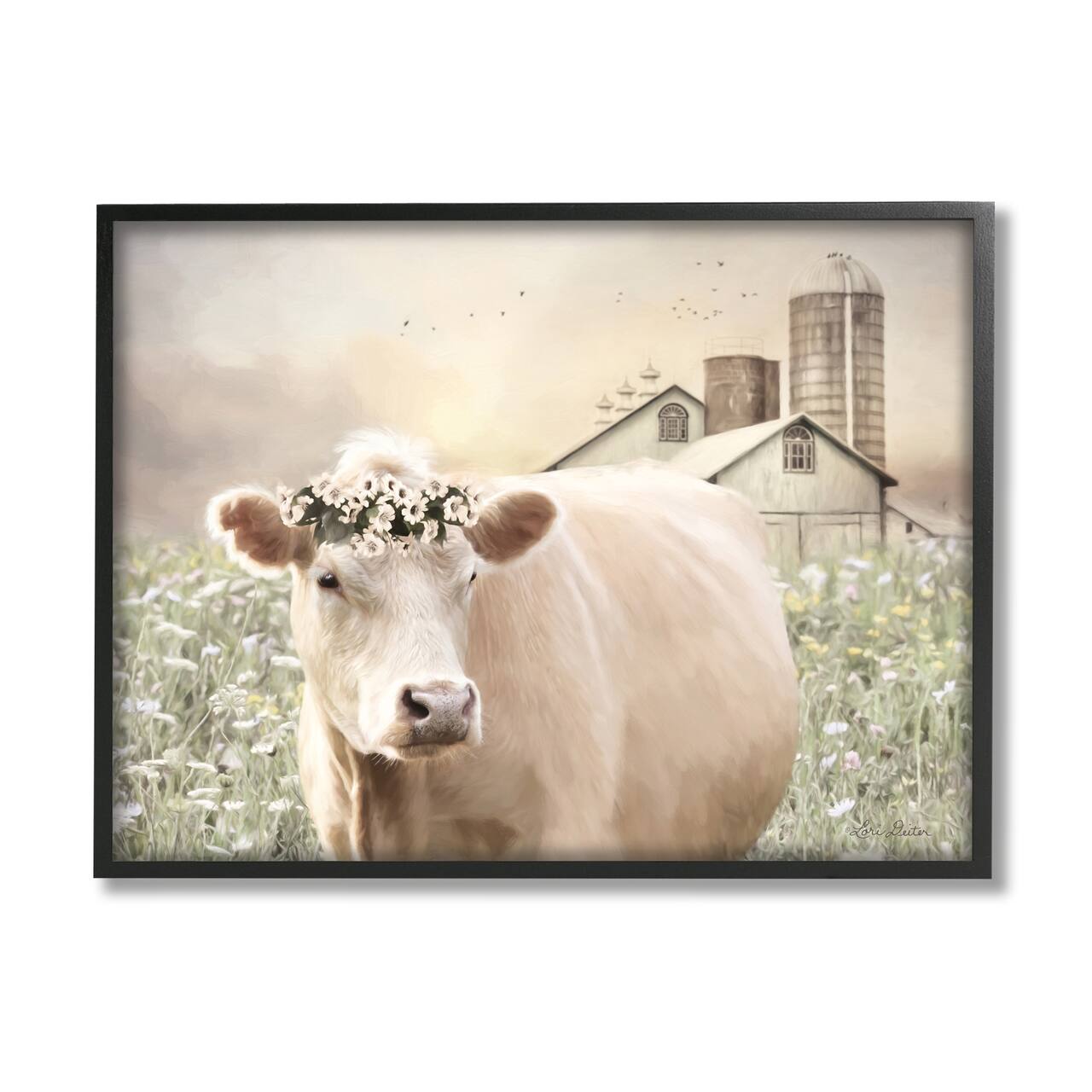 Stupell Industries Realistic Cow Floral Crown Tranquil Farm Field in Black Frame Wall Art